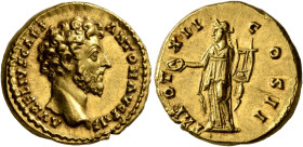 Marcus Aurelius, as Caesar, 139-161. Aureus (Gold, 18 mm, 7.31 g, 12 h), Rome, 157-158. AVRELIVS CAES ANTON AVG PII F Bare head of Marcus Aurelius to ...