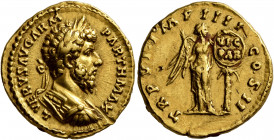 Lucius Verus, 161-169. Aureus (Gold, 20 mm, 7.23 g, 12 h), Rome, 166. L VERVS AVG ARM PARTH MAX Laureate and cuirassed bust of Lucius Verus to right, ...