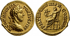 Commodus, 177-192. Aureus (Gold, 20 mm, 7.19 g, 12 h), Rome, 184. M•COMMODVS ANTON AVG PIVS Laureate and cuirassed bust of Commodus to right, seen fro...