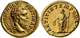 Pertinax, 193. Aureus (Gold, 19 mm, 7.28 g, 6 h), Rome, 1 January-28 March 193. IMP CAES P HELV PERTIN•AVG Laureate head of Pertinax to right. Rev. LA...