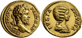 Septimius Severus, with Julia Domna, 193-211. Aureus (Gold, 20 mm, 7.35 g, 6 h), Rome, 201. SEVERVS AVG PART MAX Laureate head of Septimius Severus to...