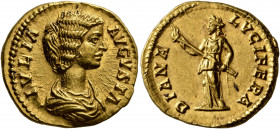 Julia Domna, Augusta, 193-217. Aureus (Gold, 21 mm, 7.51 g, 6 h), Rome, 196. IVLIA AVGVSTA Draped bust of Julia Domna to right. Rev. DIANA LVCIFERA Di...