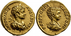 Caracalla, with Geta as Caesar, 198-217. Aureus (Gold, 19 mm, 7.21 g, 6 h), Rome, 201. ANTONINVS AVGVSTVS Laureate, draped and cuirassed bust of Carac...