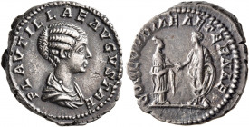 Plautilla, Augusta, 202-205. Denarius (Silver, 19 mm, 3.00 g, 6 h), Rome, 202. PLAVTILLAE AVGVSTAE Draped bust of Plautilla to right. Rev. CONCORDIAE ...
