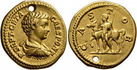 Geta, as Caesar, 198-209. Aureus (Gold, 20 mm, 7.00 g, 6 h), Rome, 200-202. P•SEPT•GETA CAES PONT Bare-headed, draped and cuirassed bust of Geta to ri...