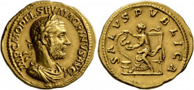 Macrinus, 217-218. Aureus (Gold, 22 mm, 6.27 g, 7 h), Rome, summer 217-early 218. IMP C M OPEL SEV MACRINVS AVG Laureate, draped and cuirassed bust of...