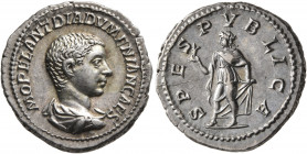 Diadumenian, as Caesar, 217-218. Denarius (Silver, 19 mm, 3.86 g, 12 h), Rome, 218. M OPEL ANT DIADVMENIAN CAES Bare-headed and draped bust of Diadume...