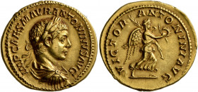 Elagabalus, 218-222. Aureus (Gold, 21 mm, 6.58 g, 6 h), Rome, 218-219. IMP CAES M AVR ANTONINVS AVG Laureate, draped and cuirassed bust of Elagabalus ...