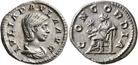 Julia Paula, Augusta, 219-220. Denarius (Silver, 19 mm, 3.21 g, 6 h), Rome. IVLIA PAVLA AVG Draped bust of Julia Paula to right. Rev. CONCORDIA Concor...