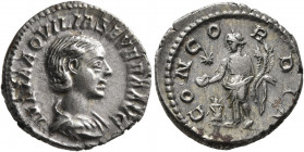 Aquilia Severa, Augusta, 220-221 & 221-222. Denarius (Silver, 18 mm, 2.79 g, 7 h), Rome. IVLIA AQVILIA SEVERA AVG Draped bust of Aquilia Severa to rig...