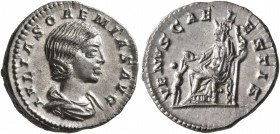 Julia Soaemias, Augusta, 218-222. Denarius (Silver, 18 mm, 2.79 g, 7 h), Rome, 219-220. IVLIA SOAEMIAS AVG Draped bust of Julia Soaemias to right. Rev...