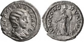 Julia Mamaea, Augusta, 222-235. Denarius (Silver, 19 mm, 3.49 g, 7 h), Rome, 222. IVLIA MAMAEA AVG Draped bust of Julia Mamaea to right. Rev. IVNO CON...