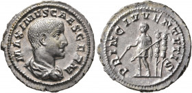 Maximus, Caesar, 235/6-238. Denarius (Silver, 21 mm, 2.88 g, 7 h), Rome, 236-238. MAXIMVS CAES GERM Bare-headed and draped bust of Maximus to right, s...