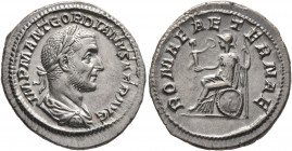 Gordian I, 238. Denarius (Silver, 20 mm, 3.25 g, 7 h), Rome, March-April 238. IMP M ANT GORDIANVS AFR AVG Laureate, draped and cuirassed bust of Gordi...