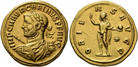 Carinus, 283-285. Aureus (Gold, 20 mm, 5.87 g, 7 h), Siscia, 283. IMP C M AVR CARINVS P F AVG Laureate, draped and cuirassed bust of Carinus to left, ...