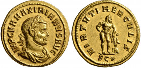 Maximianus, first reign, 286-305. Aureus (Gold, 21 mm, 5.30 g, 12 h), Cyzicus, 286-287. IMP C M A MAXIMIANVS AVG Laureate, draped and cuirassed bust o...