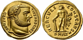 Constantius I, as Caesar, 293-305. Aureus (Gold, 19 mm, 5.33 g, 6 h), Antiochia, 293. CONSTAN-TIVS NOB CAES Laureate head of Constantius I to right. R...