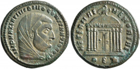 Divus Constantius I, died 306. Follis (Bronze, 25 mm, 7.46 g, 5 h), Rome, struck under Maxentius, 311-312. IMP MAXENTIVS DIVO CONSTANTIO COGN Veiled h...
