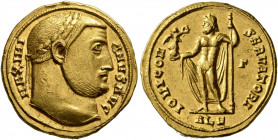 Galerius, 305-311. Aureus (Gold, 19 mm, 5.37 g, 12 h), Alexandria, 305. MAXIMI-ANVS AVG Laureate head of Galerius to right. Rev. IOVI CON-SERVATORI / ...