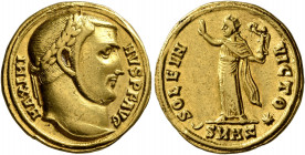 Maximinus II, 310-313. Aureus (Gold, 19 mm, 5.24 g, 12 h), Antiochia, 311. MAXIMI-NVS P F AVG Laureate head of Maximinus II to right. Rev. SOLE IN-VIC...