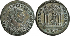 Maxentius, 307-312. Follis (Silvered bronze, 25 mm, 6.17 g, 12 h), Aquileia, 308-309. IMP MAXENTIVS P F AVG CONS II Laureate bust of Maxentius to righ...