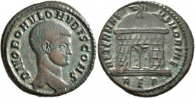 Divus Romulus, died 309. Follis (Silvered bronze, 25 mm, 6.72 g, 5 h), Rome, 311-312. DIVO ROMVLO N V BIS CONS Bare head of Divus Romulus to right. Re...