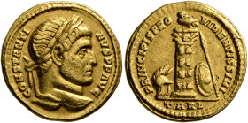 Constantine I, 307/310-337. Solidus (Gold, 17 mm, 4.44 g, 6 h), Arelate, 313. CONSTANTI-NVS P F AVG Laureate head of Constantine I to right. Rev. PRIN...