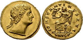 Constantine I, 307/310-337. Solidus (Gold, 20 mm, 4.44 g, 12 h), Thessalonica, late 324. Diademed head of Constantine I to right, with eyes raised to ...