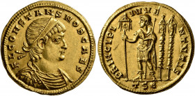Constans, as Caesar, 333-337. Solidus (Gold, 22 mm, 4.57 g, 5 h), Thessalonica, 335. FL CONSTANS NOB CAES Diademed, draped and cuirassed bust of Const...