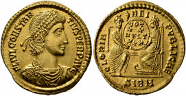 Constantius II, 337-361. Solidus (Gold, 22 mm, 4.49 g, 12 h), Sirmium, 351-355. FL IVL CONSTAN-TIVS PERP AVG Pearl-diademed, draped and cuirassed bust...