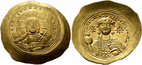 Constantine IX Monomachus, 1042-1055. Histamenon (Gold, 29 mm, 4.40 g, 6 h), Constantinopolis, 1054-1055. +IhS XIS RЄX RЄςNANTIҺm Nimbate bust of Chri...