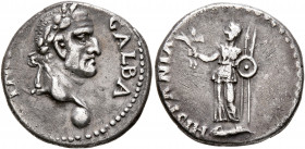 Galba, as Imperator. 3 April-2nd half of June 68. Denarius (Silver, 18 mm, 3.22 g, 5 h), uncertain mint in Spain. GALBA IMP Laureate head of Galba to ...
