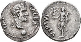 Galba, as Imperator. 3 April-2nd half of June 68. Denarius (Silver, 19 mm, 3.40 g, 7 h), uncertain mint in Spain. GALBA IMP Laureate head of Galba to ...