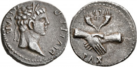 Forces of Galba in Spain. In the name of Augustus, 27 BC-AD 14. Denarius (Silver, 17 mm, 3.90 g, 6 h), uncertain mint in Spain. Group A.III, 3 April-2...