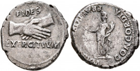 Rhine Legions. Anonymous, circa May-June 68. Denarius (Silver, 18 mm, 3.25 g, 7 h), uncertain mint in Gaul or in the Rhine Valley. 'Fides Group'. FIDE...