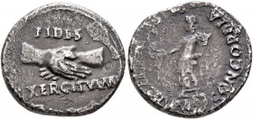 Rhine Legions. Anonymous, circa May-June 68. Denarius (Silver, 18 mm, 3.11 g, 7 h), uncertain mint in Gaul or in the Rhine Valley. 'Fides Group'. FIDE...