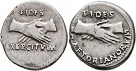 Rhine Legions. Anonymous, circa May-June 68. Denarius (Silver, 18 mm, 3.43 g, 6 h), uncertain mint in Gaul or in the Rhine Valley. 'Fides Group'. FIDE...