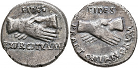 Rhine Legions. Anonymous, circa May-June 68. Denarius (Silver, 17 mm, 3.33 g, 6 h), uncertain mint in Gaul or in the Rhine Valley. 'Fides Group'. FIDE...