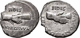 Rhine Legions. Anonymous, circa May-June 68. Denarius (Silver, 17 mm, 2.58 g, 6 h), uncertain mint in Gaul or in the Rhine Valley. 'Fides Group'. FIDE...