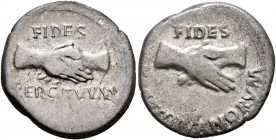 Rhine Legions. Anonymous, circa May-June 68. Denarius (Silver, 18 mm, 3.36 g, 6 h), uncertain mint in Gaul or in the Rhine Valley. 'Fides Group'. FIDE...