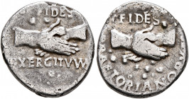 Rhine Legions. Anonymous, circa May-June 68. Denarius (Subaeratus, 17 mm, 3.00 g, 7 h), uncertain mint in Gaul or in the Rhine Valley. 'Fides Group'. ...