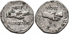 Rhine Legions. Anonymous, circa May-June 68. Denarius (Subaeratus, 17 mm, 2.77 g, 6 h), uncertain mint in Gaul or in the Rhine Valley. 'Fides Group'. ...