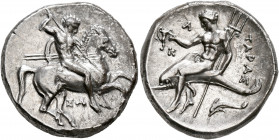 CALABRIA. Tarentum. Circa 315-302 BC. Didrachm or Nomos (Silver, 21 mm, 7.80 g, 9 h), Sa..., magistrate. Nude rider on horse galloping to right, stabb...