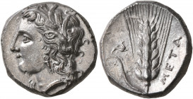 LUCANIA. Metapontion. Circa 330-290 BC. Didrachm or Nomos (Silver, 20 mm, 7.93 g, 7 h). Head of Demeter to left, wearing wreath of grain ears, triple ...