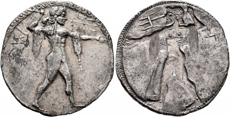 LUCANIA. Poseidonia. Circa 530-500 BC. Stater (Silver, 28 mm, 7.60 g, 12 h). ΠOM...