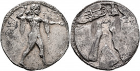 LUCANIA. Poseidonia. Circa 530-500 BC. Stater (Silver, 28 mm, 7.60 g, 12 h). ΠOM Poseidon, nude but for chlamys draped over both his arms, striding ri...