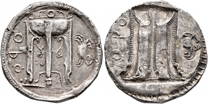 BRUTTIUM. Kroton. Circa 500-480 BC. Stater (Silver, 27 mm, 7.84 g, 1 h). ϘꟼΟ Tri...