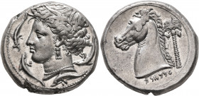 SICILY. Entella (?). Punic issues, circa 320/15-300 BC. Tetradrachm (Silver, 25 mm, 17.20 g, 11 h). Head of Tanit-Persephone to left, wearing wreath o...