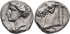 SICILY. Entella (?). Punic issues, circa 320/15-300 BC. Tetradrachm (Silver, 26 mm, 16.72 g, 11 h). Head of Tanit-Persephone to left, wearing wreath o...