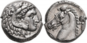 SICILY. Entella (?). Punic issues, circa 300-289 BC. Tetradrachm (Silver, 23 mm, 17.40 g, 7 h). Head of Herakles to right, wearing lion skin headdress...